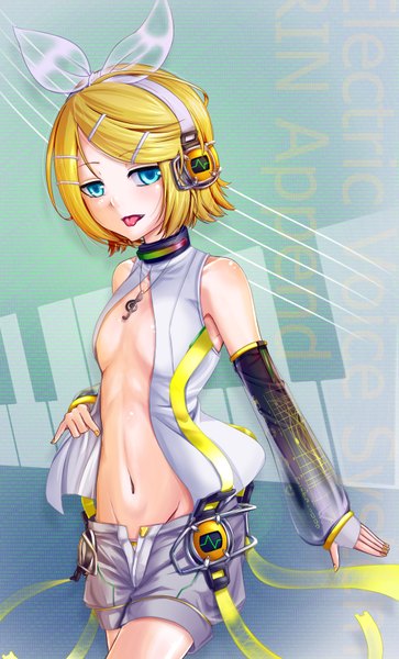 Anime picture 1031x1702 with vocaloid vocaloid append kagamine rin kagamine rin (append) tall image looking at viewer short hair blue eyes light erotic blonde hair :p girl gloves navel hair ornament detached sleeves shorts hairclip tongue headphones
