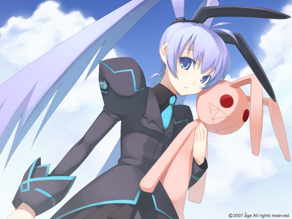 Anime picture 1600x1200 with muv-luv alternative muv-luv yashiro kasumi single long hair looking at viewer blue eyes twintails sky purple hair cloud (clouds) girl dress black dress toy stuffed animal stuffed rabbit