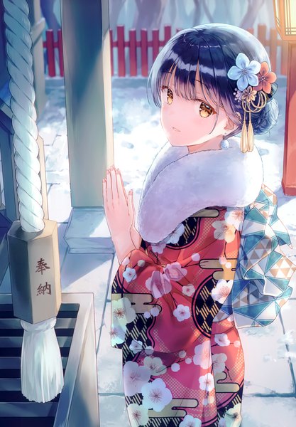 Anime picture 2406x3464 with original hiten (hitenkei) single tall image looking at viewer blush fringe highres short hair black hair smile standing yellow eyes outdoors traditional clothes parted lips japanese clothes hair flower scan wide sleeves