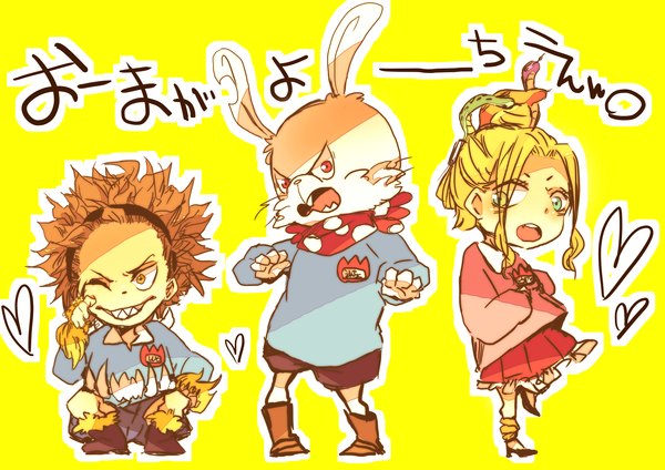 Anime picture 1700x1203 with oumagadoki zoo (manga) shiina (zoo) shishido (oumagadoki zoo) uwabami (snake) hakuni6usagippp open mouth simple background blonde hair red eyes green eyes one eye closed wink orange hair teeth orange eyes torn clothes group chibi polka dot yellow background