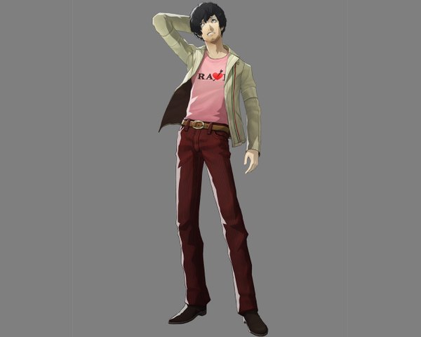 Anime picture 1280x1024 with catherine (game) vincent brooks single short hair black hair simple background black eyes inscription grey background open clothes open jacket boy jacket belt pants