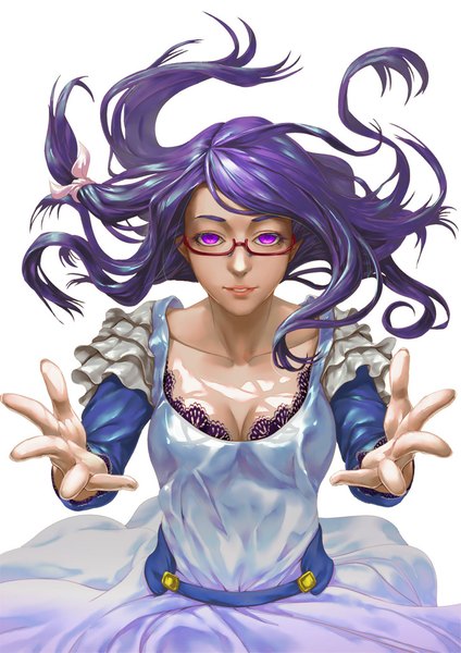 Anime picture 724x1024 with tokyo ghoul studio pierrot kamishiro rize sunkilow single long hair tall image looking at viewer highres breasts simple background white background purple eyes cleavage purple hair light smile lips spread arms eyebrows girl