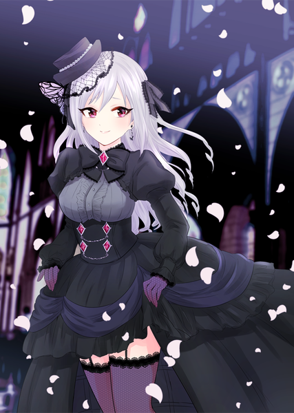 Anime picture 640x900 with idolmaster idolmaster cinderella girls idolmaster cinderella girls starlight stage kanzaki ranko bamboo ring single long hair tall image looking at viewer blush fringe breasts simple background smile hair between eyes red eyes large breasts standing silver hair indoors