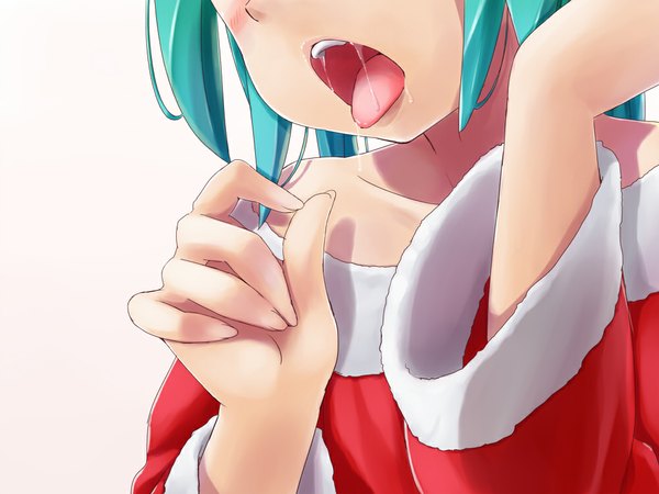 Anime picture 1000x750 with vocaloid hatsune miku tagme (artist) single long hair blush open mouth light erotic simple background white background saliva girl tongue santa claus costume