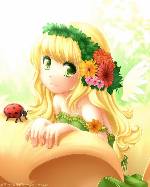 Anime picture 799x1000 with original hitana long hair tall image looking at viewer fringe blonde hair smile bare shoulders green eyes hair flower girl hair ornament flower (flowers) wings insect wreath dragonfly ladybug