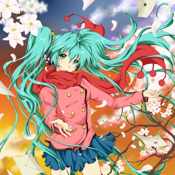 Anime picture 1434x1434 with vocaloid hatsune miku sakuranbotoko single long hair twintails green eyes cloud (clouds) green hair wind tears cherry blossoms girl skirt plant (plants) miniskirt tree (trees) scarf letter