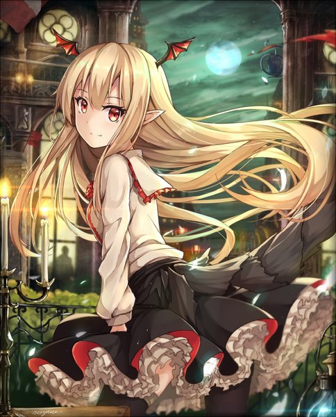 Anime picture 845x1047 with granblue fantasy vampy rin yuu single long hair tall image blush fringe blonde hair smile animal ears looking back wind pointy ears from behind blurry night shadow fang (fangs) leaning