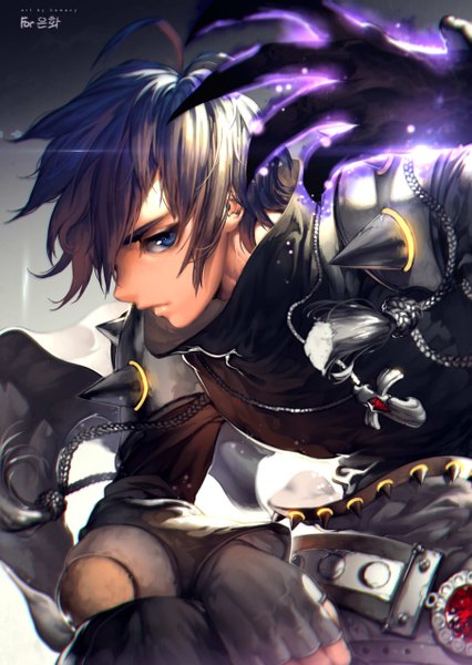 Anime picture 908x1280 with ghost messenger kawacy single tall image fringe short hair blue eyes black hair profile lips glowing eyebrows serious boy gloves fingerless gloves jewelry gem