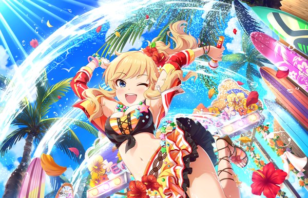 Anime picture 1280x824 with idolmaster idolmaster cinderella girls ootsuki yui single long hair looking at viewer blush open mouth blue eyes blonde hair ponytail one eye closed hair flower wink midriff summertime high girl skirt navel flower (flowers)