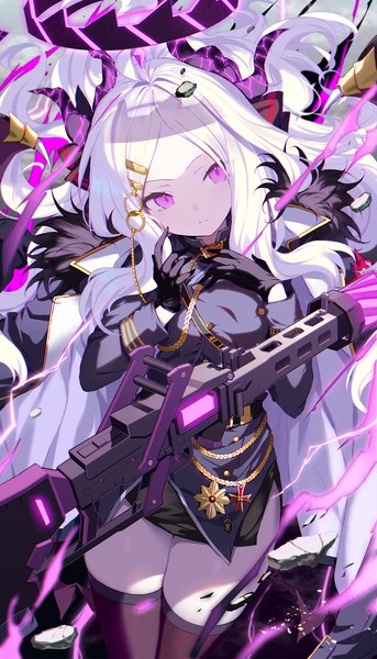 Anime picture 1097x1920 with blue archive hina (blue archive) abusoru single long hair tall image standing purple eyes white hair head tilt horn (horns) shaded face side slit girl thighhighs gloves weapon black thighhighs black gloves gun