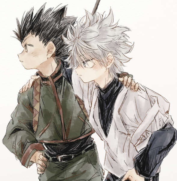 Anime picture 1386x1413 with hunter x hunter killua zaoldyeck gon freaks necomu tall image short hair black hair simple background white background green eyes looking away silver hair profile multiple boys spiked hair hand on another's shoulder boy 2 boys