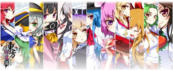 Anime picture 1700x700 with touhou komeiji koishi hinanawi tenshi komeiji satori fujiwara no mokou reiuji utsuho ibuki suika kazami yuuka houraisan kaguya hijiri byakuren onozuka komachi shikieiki yamaxanadu hoshiguma yuugi hong (white spider) single long hair looking at viewer blush fringe short hair