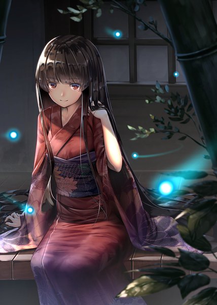 Anime picture 900x1262 with touhou houraisan kaguya ryosios single tall image looking at viewer fringe black hair smile red eyes sitting blunt bangs long sleeves very long hair traditional clothes japanese clothes night wide sleeves arm support alternate costume