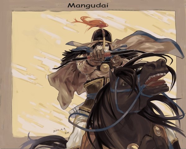 Anime picture 2184x1746 with age of empires ii (game) mangudai yunvshen single highres black hair traditional clothes black eyes inscription framed riding gloves weapon animal cloak helmet horse