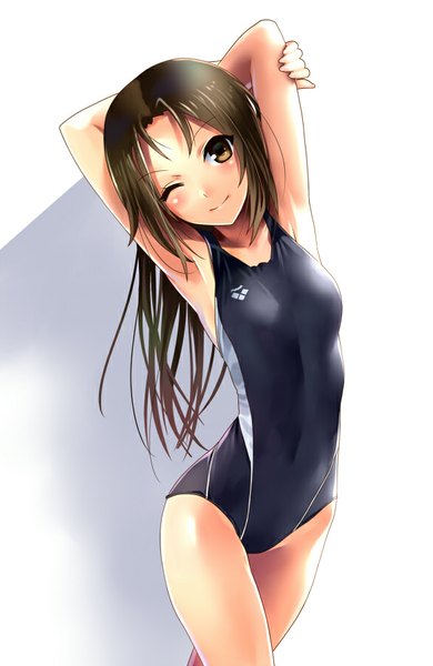 Anime picture 586x900 with original katahira masashi single long hair tall image looking at viewer blush light erotic brown hair brown eyes one eye closed wink arms up armpit (armpits) girl swimsuit one-piece swimsuit
