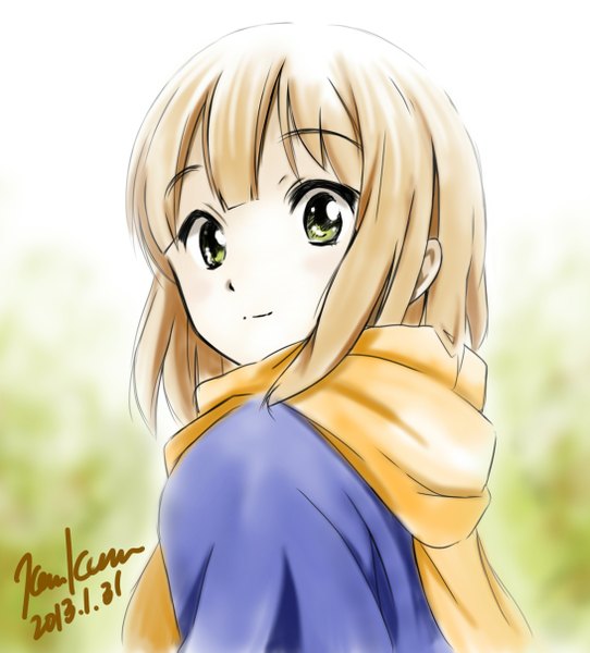 Anime picture 1092x1207 with tamako market kyoto animation tokiwa midori kem kem single tall image short hair blonde hair signed yellow eyes looking back girl scarf