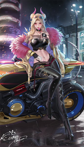 Anime picture 800x1396 with original tsuki no i-min single long hair tall image looking at viewer blush breasts light erotic blonde hair red eyes large breasts sitting holding signed full body outdoors tail nail polish horn (horns)