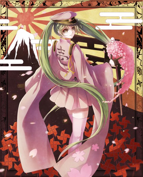 Anime picture 1240x1535 with vocaloid senbonzakura (vocaloid) hatsune miku kicchan single tall image looking at viewer fringe open mouth hair between eyes standing twintails green eyes full body very long hair pleated skirt looking back green hair from behind wide sleeves