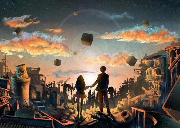 Anime picture 1486x1054 with tagme (copyright) rura long hair short hair standing sky cloud (clouds) outdoors from behind sunlight lens flare holding hands evening sunset ruins weightlessness morning sunrise girl boy