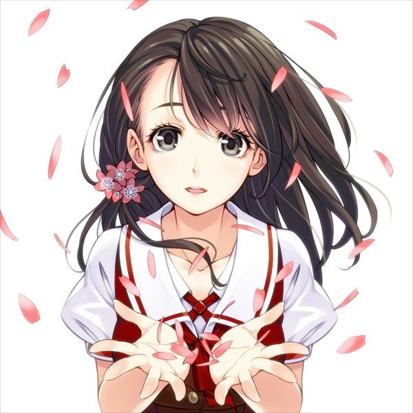 Anime picture 1200x1200 with original ikeda yasuhiro single long hair looking at viewer open mouth black hair simple background white background black eyes girl uniform flower (flowers) school uniform petals