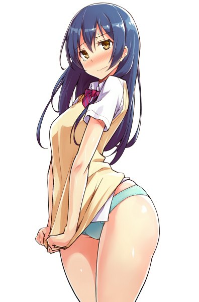 Anime picture 792x1200 with love live! school idol project sunrise (studio) love live! sonoda umi kekemotsu single long hair tall image looking at viewer blush light erotic simple background white background brown eyes blue hair embarrassed tears shiny skin girl uniform