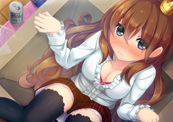 Anime picture 1400x990 with original soranopin single long hair looking at viewer blush blue eyes light erotic brown hair cleavage girl thighhighs skirt black thighhighs shirt crown