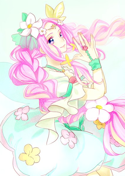 Anime picture 1433x2024 with precure mahou girls precure! toei animation hanami kotoha cure felice mmn000001 single long hair tall image looking at viewer blue eyes simple background smile white background payot pink hair braid (braids) head tilt arm up hair flower