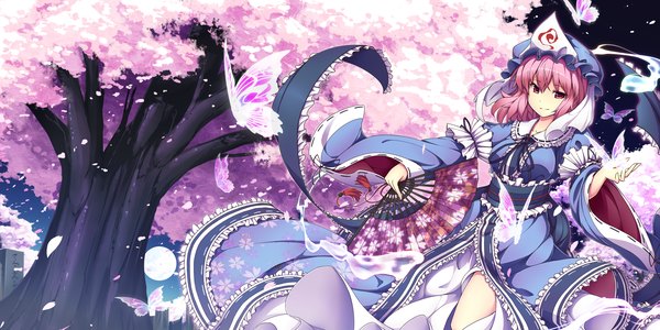 Anime picture 3500x1750 with touhou saigyouji yuyuko ugume single highres short hair red eyes wide image pink hair cherry blossoms ghost girl dress plant (plants) petals tree (trees) insect butterfly fan
