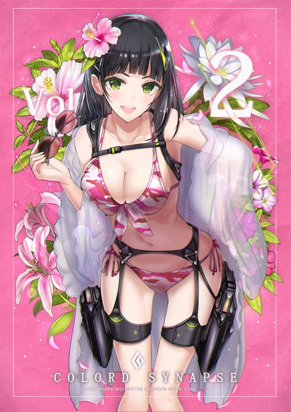 Anime-Bild 723x1023 mit original t-track (artist) single long hair tall image blush fringe breasts open mouth light erotic black hair large breasts standing bare shoulders holding green eyes cleavage :d hair flower off shoulder