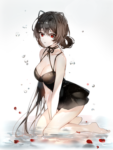 Anime picture 785x1045 with original naru (ul) single tall image looking at viewer fringe short hair breasts light erotic black hair simple background hair between eyes red eyes large breasts white background bare shoulders animal ears cleavage full body parted lips