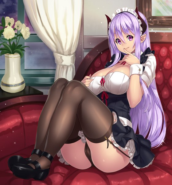 Anime picture 1400x1500 with original houtengeki single long hair tall image looking at viewer breasts light erotic large breasts purple eyes purple hair bent knee (knees) horn (horns) pointy ears maid pantyshot finger to mouth pantyshot sitting girl thighhighs