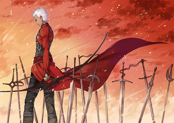 Anime picture 987x700 with fate (series) type-moon archer (fate) haijin single short hair sky cloud (clouds) white hair profile wind looking down red sky boy weapon sword