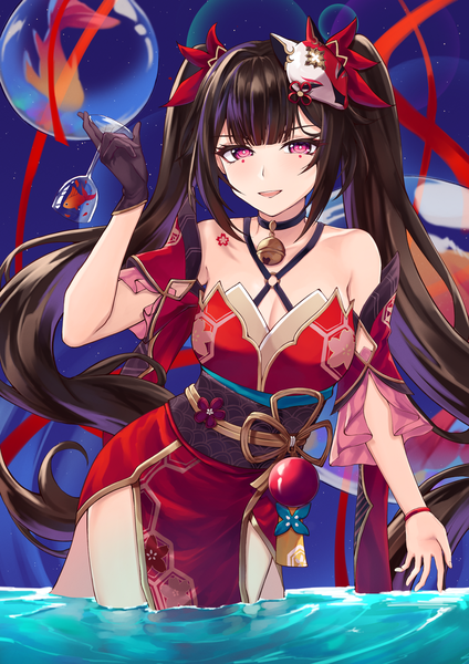 Anime picture 2894x4093 with honkai: star rail honkai (series) sparkle (honkai: star rail) tapume single long hair tall image looking at viewer fringe highres breasts open mouth light erotic red eyes brown hair standing twintails bare shoulders payot blunt bangs