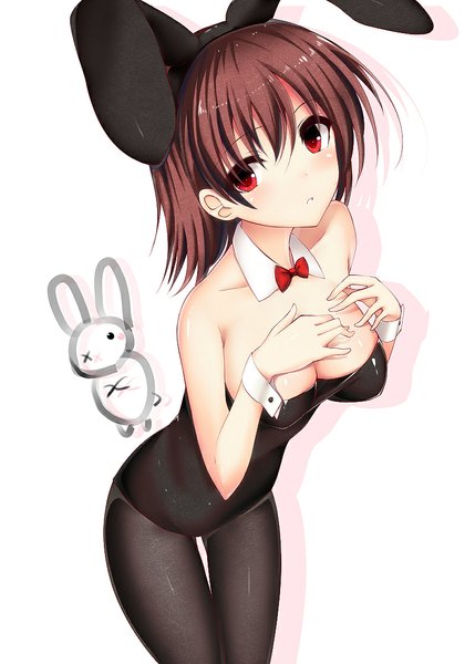 Anime picture 800x1119 with original iori (cpeilad) single tall image looking at viewer short hair breasts light erotic simple background red eyes brown hair white background animal ears bunny ears girl bunnysuit