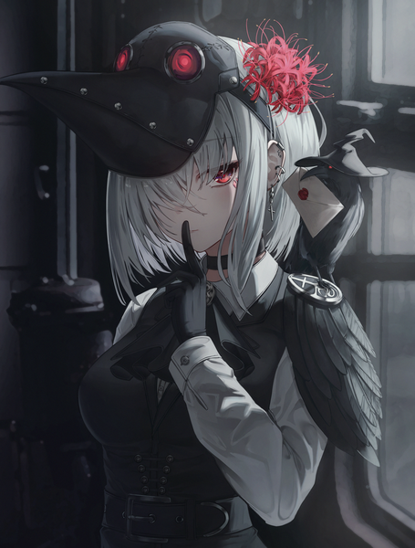 Anime picture 2494x3290 with original flippy (cripine111) single tall image looking at viewer fringe highres short hair breasts red eyes standing silver hair upper body hair flower hair over one eye piercing facial mark finger to mouth ear piercing mask on head