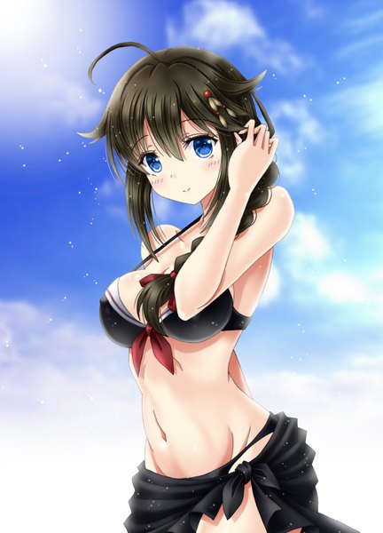 Anime picture 1080x1500 with kantai collection shigure destroyer amou yuu single long hair tall image blush fringe blue eyes light erotic hair between eyes brown hair standing sky cloud (clouds) ahoge braid (braids) light smile groin single braid