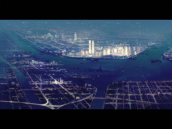 Anime picture 800x600 with original seo tatsuya from above city letterboxed cityscape no people river water building (buildings) bridge road skyscraper lamppost new york