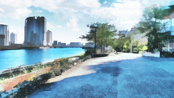 Anime picture 1280x720 with pocket ni koi o tsumete wide image game cg sky cloud (clouds) no people landscape river plant (plants) tree (trees) building (buildings) road