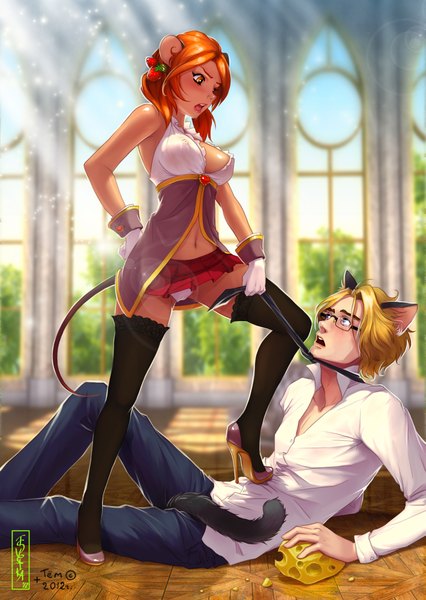 Anime picture 1419x2000 with original abrakadabra2012 tall image blush short hair open mouth blue eyes light erotic blonde hair animal ears cleavage red hair cat ears cat tail girl thighhighs navel black thighhighs miniskirt glasses