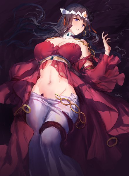 Anime-Bild 2126x2894 mit venus blood swd3e2 single long hair tall image looking at viewer blush fringe highres breasts light erotic black hair large breasts purple eyes bare shoulders signed cleavage bent knee (knees) lying parted lips