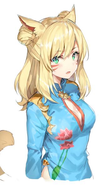 Anime picture 500x875 with final fantasy final fantasy xiv square enix miqo'te momoko (momopoco) single long hair tall image looking at viewer blush fringe breasts open mouth blonde hair simple background hair between eyes white background green eyes animal ears payot