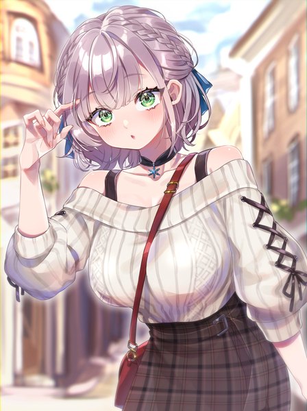Anime picture 2894x3877 with virtual youtuber hololive shirogane noel shirogane noel (3rd costume) minaramuda single tall image looking at viewer fringe highres short hair hair between eyes green eyes silver hair outdoors :o leaning leaning forward official alternate costume city