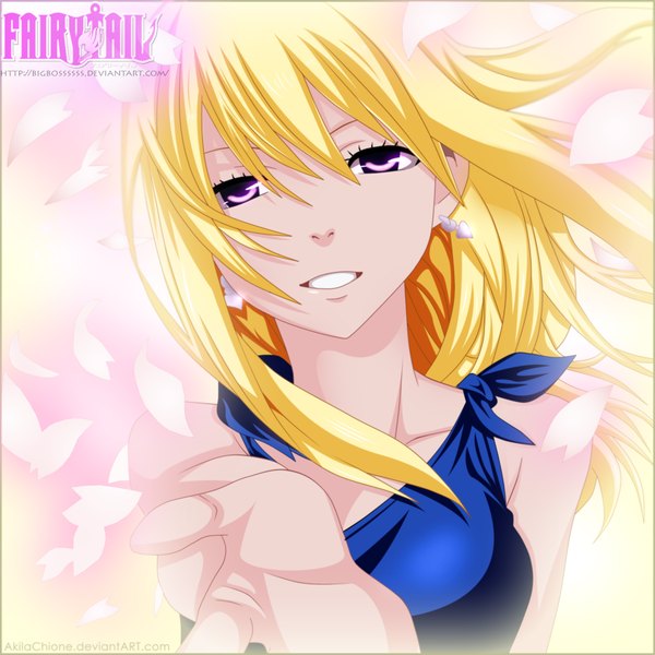 Anime picture 1800x1800 with fairy tail lucy heartfilia tempestdh single long hair highres blonde hair smile pink eyes inscription coloring portrait girl dress earrings petals