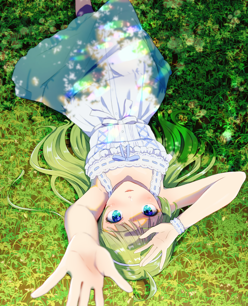 Anime picture 2915x3600 with idolmaster idolmaster million live! shimabara elena witoi (roa) single long hair tall image looking at viewer highres blue eyes ahoge lying parted lips green hair sunlight arms up shadow on back sleeveless upside down