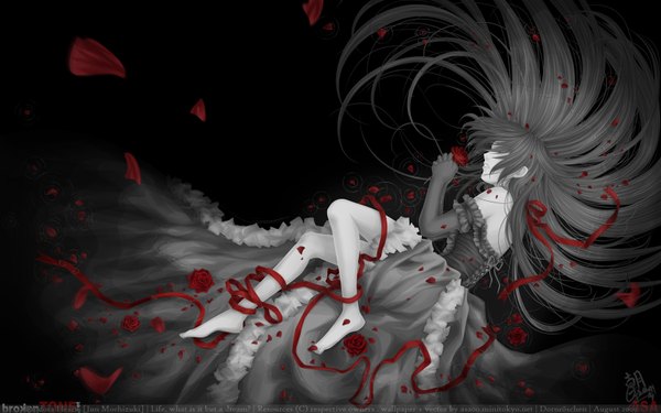 Anime picture 1680x1050 with pandora hearts xebec alice (pandora hearts) asa00 single long hair wide image looking away eyes closed very long hair barefoot grey hair grin black background monochrome crying hair over eyes spot color girl dress