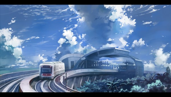 Anime picture 1300x740 with original huanxiang huifeng wide image sky cloud (clouds) letterboxed landscape plant (plants) tree (trees) train train station railways
