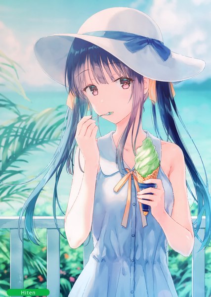 Anime picture 2099x2952 with melonbooks hiten (hitenkei) single long hair tall image looking at viewer fringe highres breasts black hair red eyes standing twintails bare shoulders holding signed sky cloud (clouds) upper body outdoors