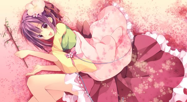 Anime picture 1210x660 with touhou hieda no akyuu kisaragi kiriha single blush short hair open mouth wide image yellow eyes purple hair girl dress flower (flowers) branch