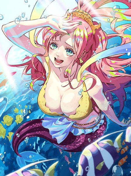 Anime picture 670x900 with one piece toei animation shirahoshi moroi single long hair tall image blush fringe breasts open mouth blue eyes light erotic smile large breasts looking away pink hair cleavage full body nail polish
