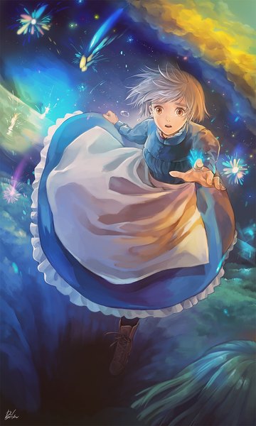 Anime picture 950x1583 with howl's moving castle studio ghibli sophie hatter single tall image fringe open mouth brown eyes signed silver hair from above aqua hair inscription glowing looking up lacing glow shooting star lake scared